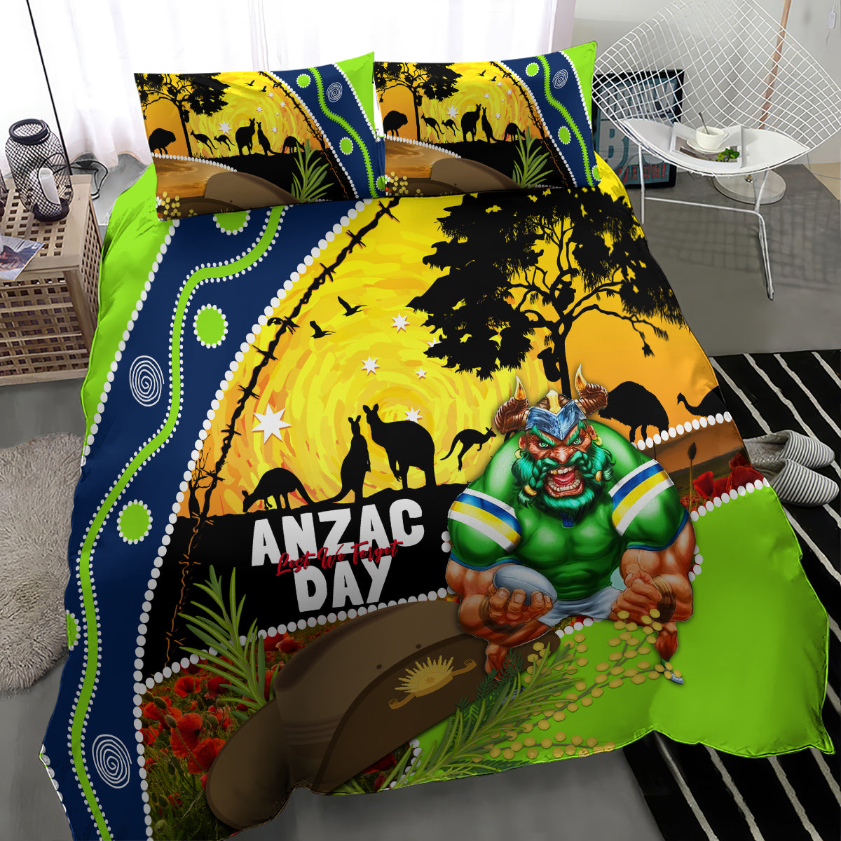 Raiders Rugby ANZAC Day Bedding Set Green Machine Mascot Rosemary Starry Night