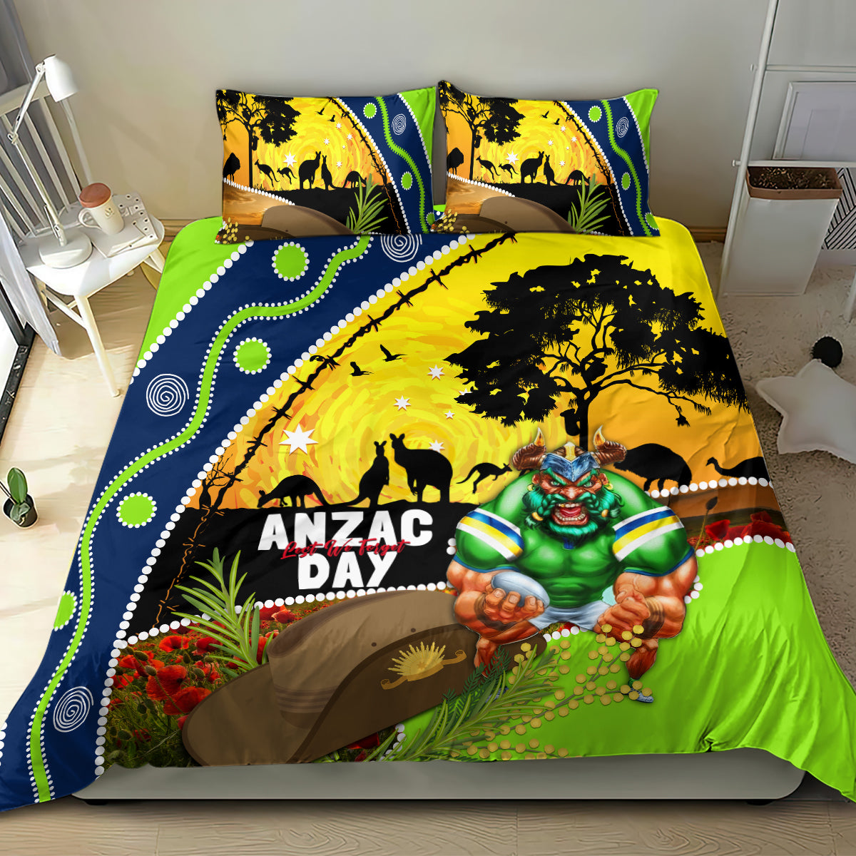 Raiders Rugby ANZAC Day Bedding Set Green Machine Mascot Rosemary Starry Night