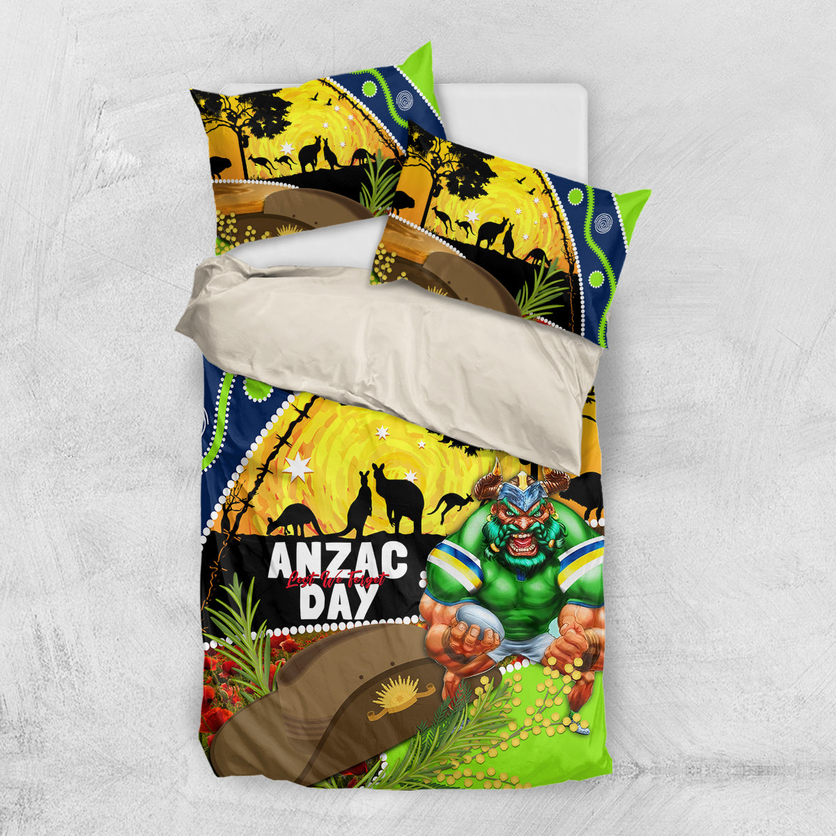 Raiders Rugby ANZAC Day Bedding Set Green Machine Mascot Rosemary Starry Night