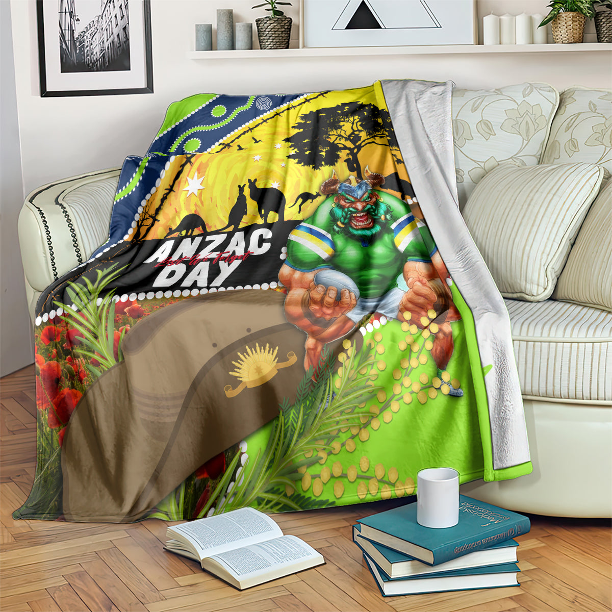 Raiders Rugby ANZAC Day Blanket Green Machine Mascot Rosemary Starry Night