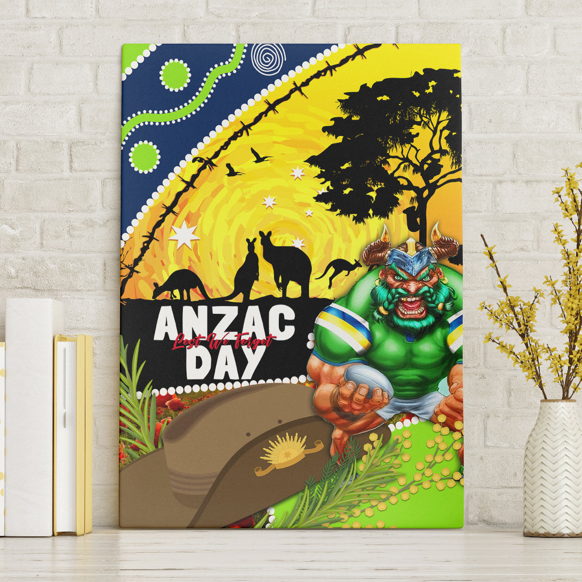 Raiders Rugby ANZAC Day Canvas Wall Art Green Machine Mascot Rosemary Starry Night