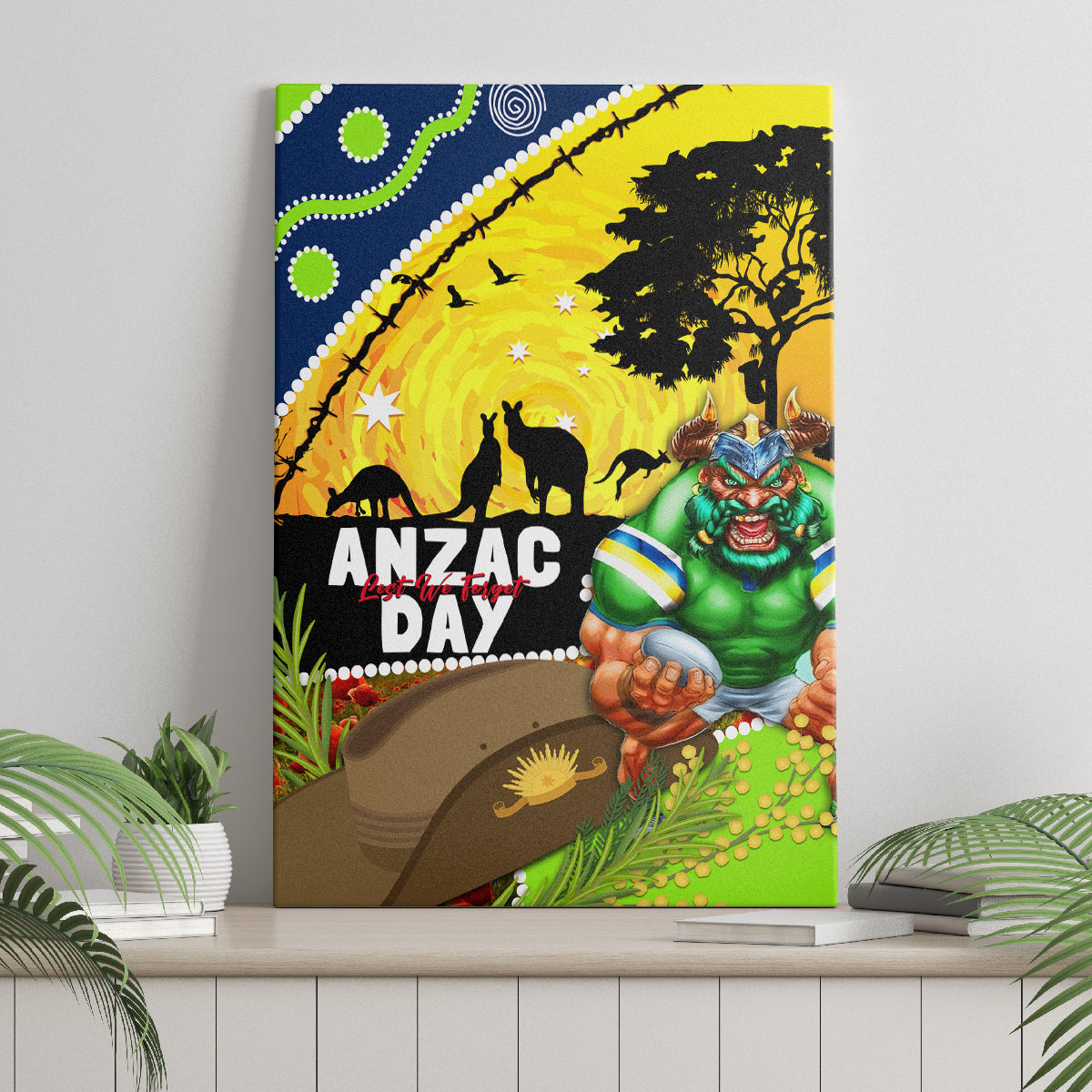 Raiders Rugby ANZAC Day Canvas Wall Art Green Machine Mascot Rosemary Starry Night