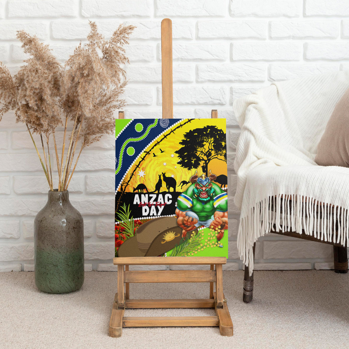 Raiders Rugby ANZAC Day Canvas Wall Art Green Machine Mascot Rosemary Starry Night