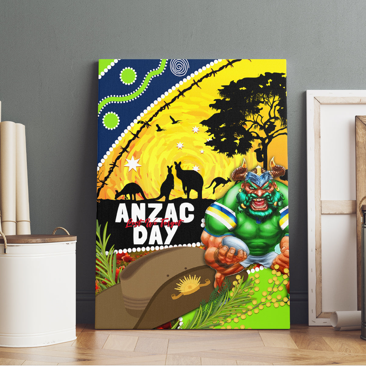 Raiders Rugby ANZAC Day Canvas Wall Art Green Machine Mascot Rosemary Starry Night