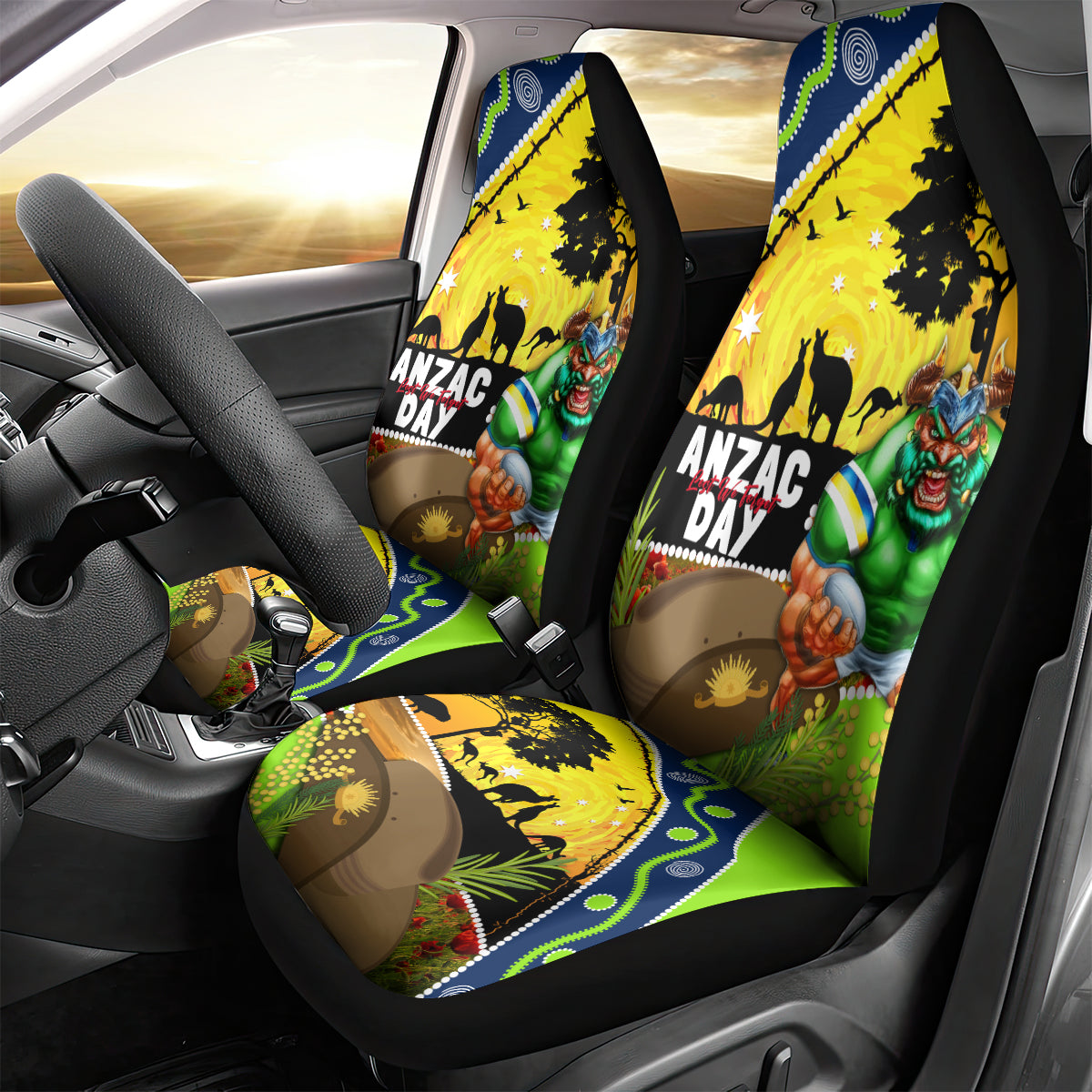 Raiders Rugby ANZAC Day Car Seat Cover Green Machine Mascot Rosemary Starry Night