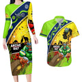 Raiders Rugby ANZAC Day Couples Matching Long Sleeve Bodycon Dress and Hawaiian Shirt Green Machine Mascot Rosemary Starry Night