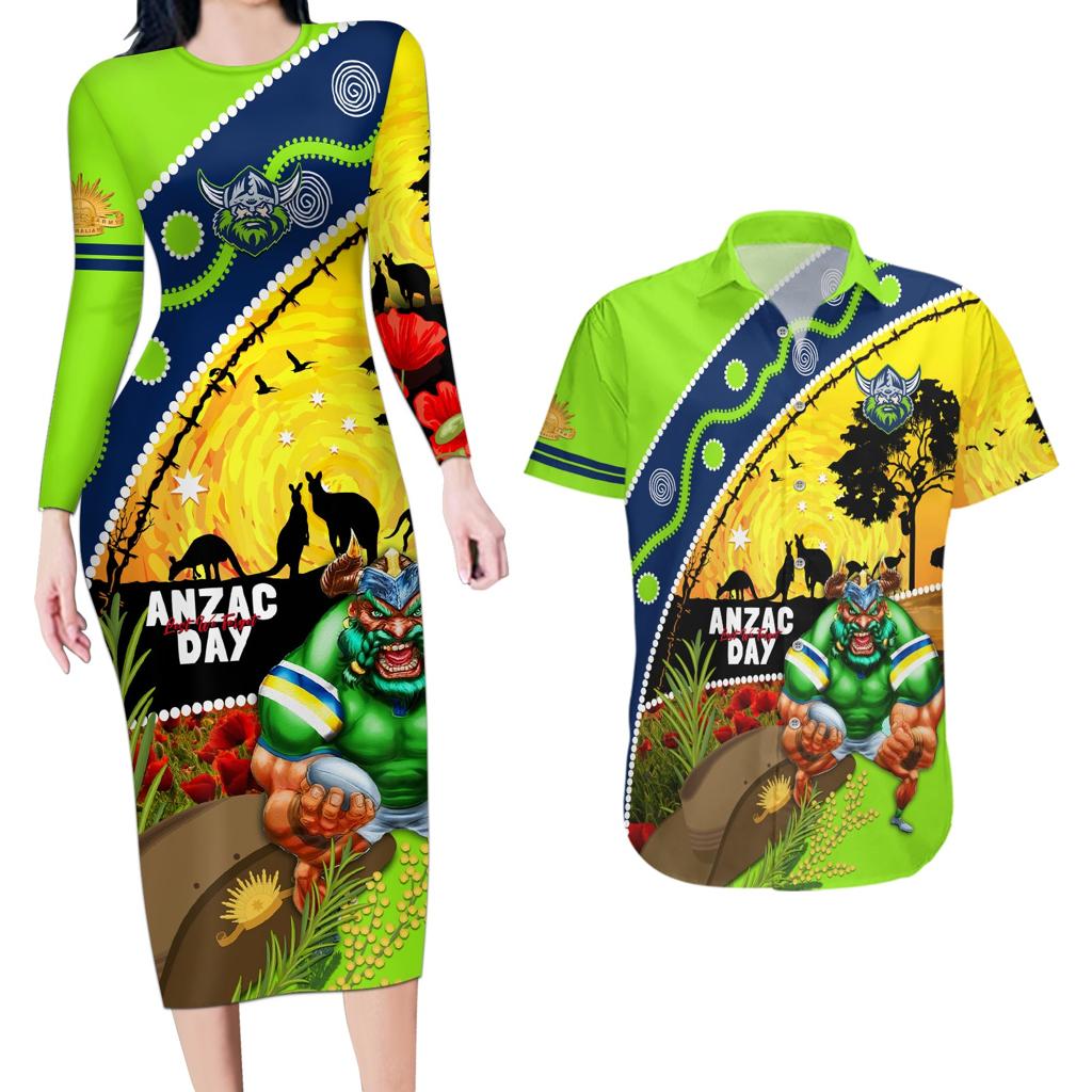 Raiders Rugby ANZAC Day Couples Matching Long Sleeve Bodycon Dress and Hawaiian Shirt Green Machine Mascot Rosemary Starry Night