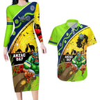 Raiders Rugby ANZAC Day Couples Matching Long Sleeve Bodycon Dress and Hawaiian Shirt Green Machine Mascot Rosemary Starry Night