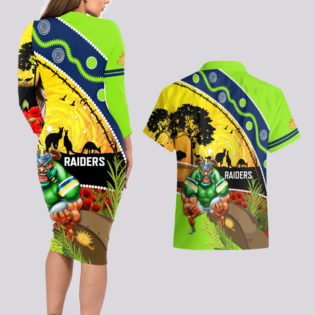 Raiders Rugby ANZAC Day Couples Matching Long Sleeve Bodycon Dress and Hawaiian Shirt Green Machine Mascot Rosemary Starry Night