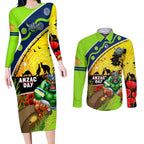 Raiders Rugby ANZAC Day Couples Matching Long Sleeve Bodycon Dress and Long Sleeve Button Shirt Green Machine Mascot Rosemary Starry Night