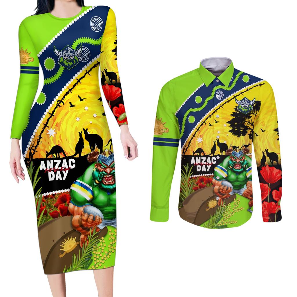 Raiders Rugby ANZAC Day Couples Matching Long Sleeve Bodycon Dress and Long Sleeve Button Shirt Green Machine Mascot Rosemary Starry Night