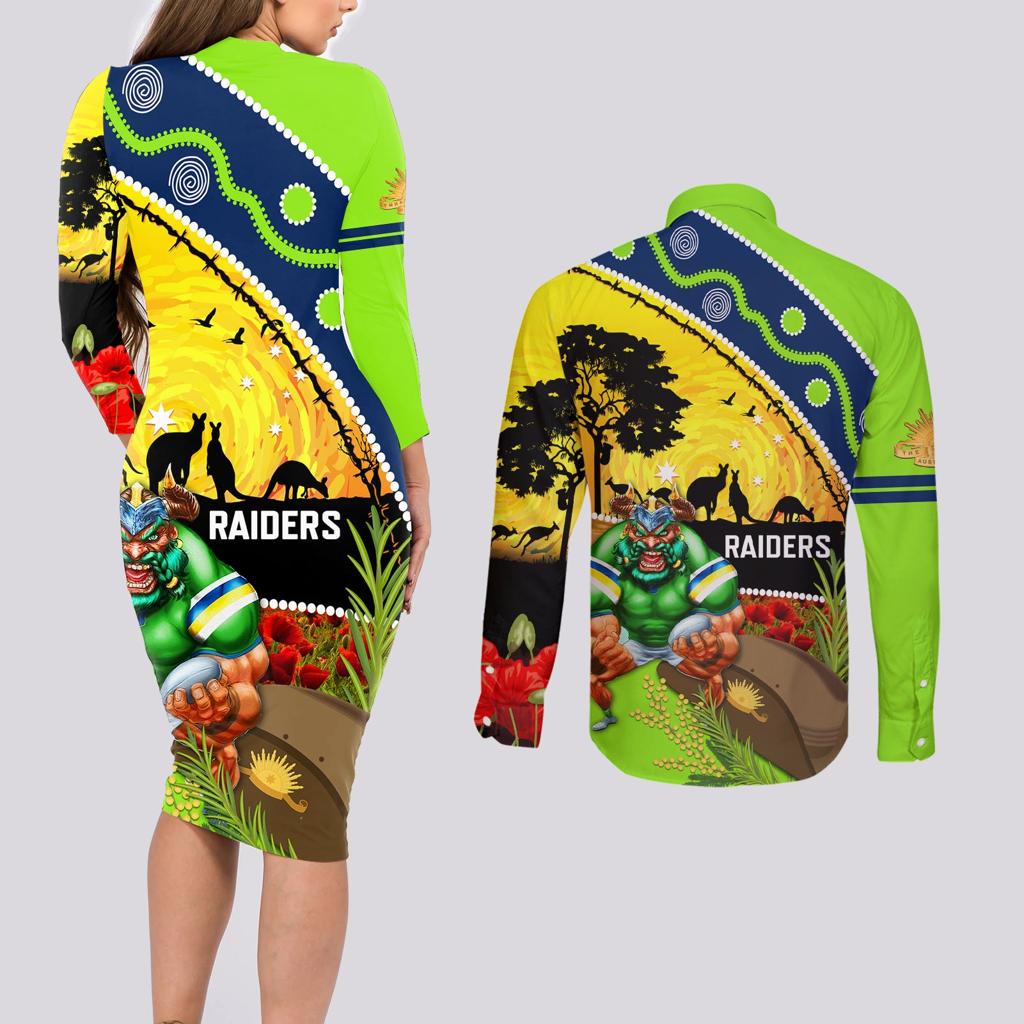 Raiders Rugby ANZAC Day Couples Matching Long Sleeve Bodycon Dress and Long Sleeve Button Shirt Green Machine Mascot Rosemary Starry Night