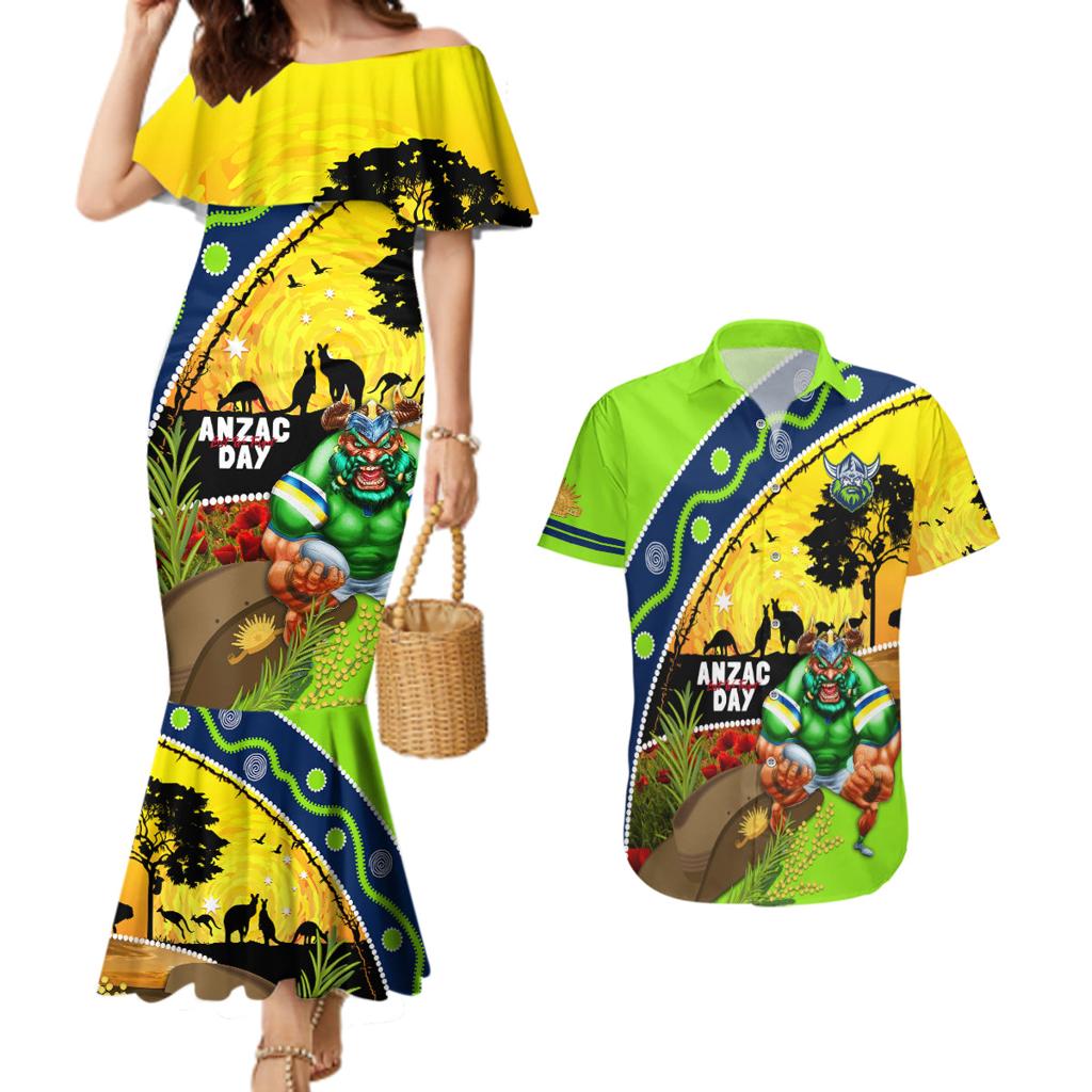 Raiders Rugby ANZAC Day Couples Matching Mermaid Dress and Hawaiian Shirt Green Machine Mascot Rosemary Starry Night