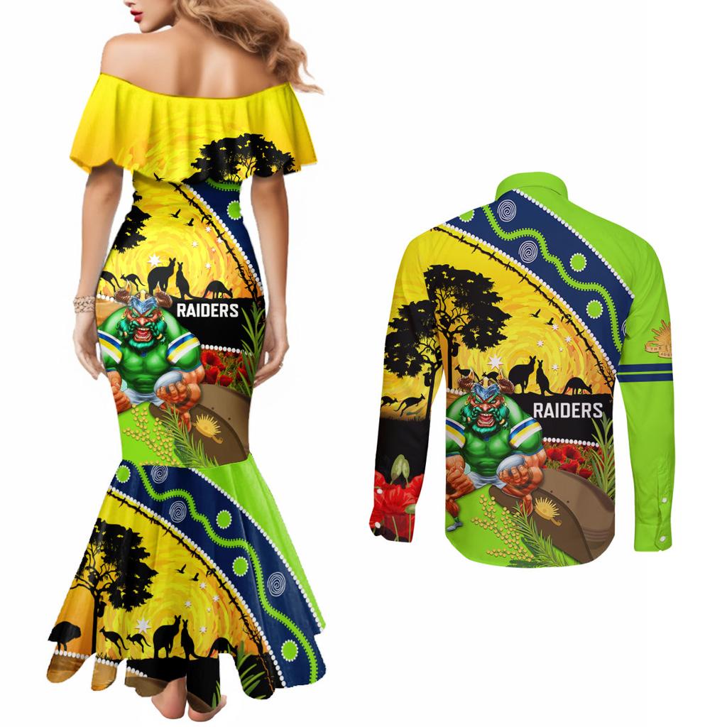 Raiders Rugby ANZAC Day Couples Matching Mermaid Dress and Long Sleeve Button Shirt Green Machine Mascot Rosemary Starry Night