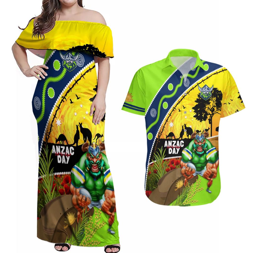 Raiders Rugby ANZAC Day Couples Matching Off Shoulder Maxi Dress and Hawaiian Shirt Green Machine Mascot Rosemary Starry Night