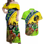 Raiders Rugby ANZAC Day Couples Matching Off Shoulder Maxi Dress and Hawaiian Shirt Green Machine Mascot Rosemary Starry Night