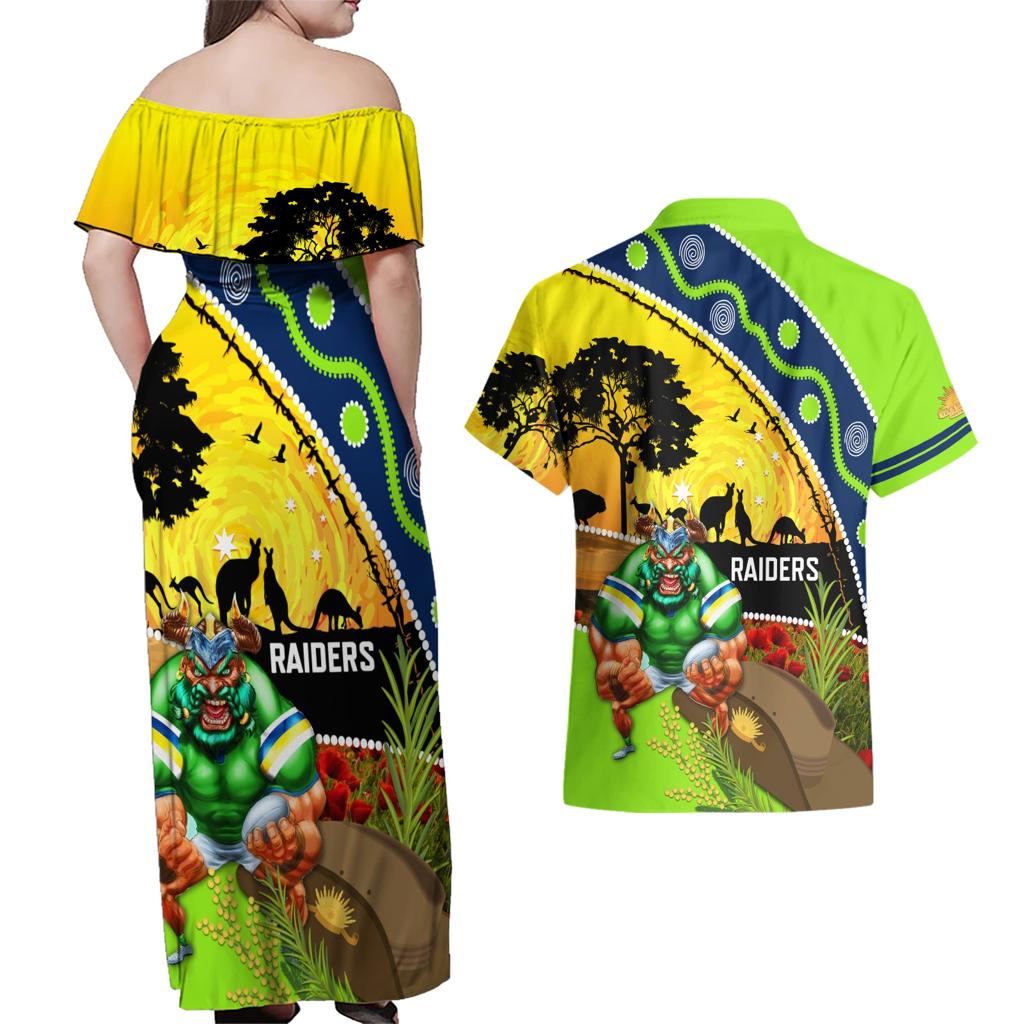 Raiders Rugby ANZAC Day Couples Matching Off Shoulder Maxi Dress and Hawaiian Shirt Green Machine Mascot Rosemary Starry Night