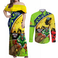 Raiders Rugby ANZAC Day Couples Matching Off Shoulder Maxi Dress and Long Sleeve Button Shirt Green Machine Mascot Rosemary Starry Night