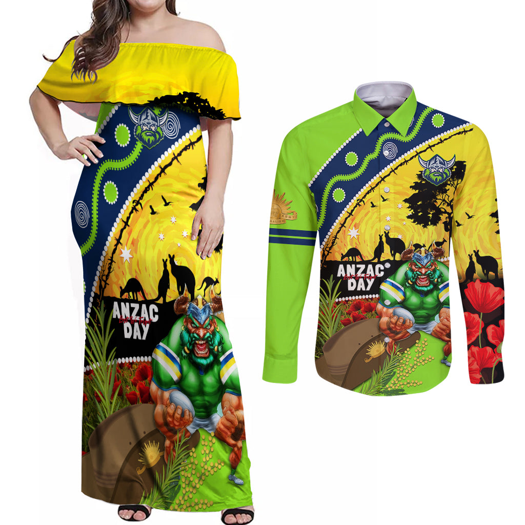 Raiders Rugby ANZAC Day Couples Matching Off Shoulder Maxi Dress and Long Sleeve Button Shirt Green Machine Mascot Rosemary Starry Night