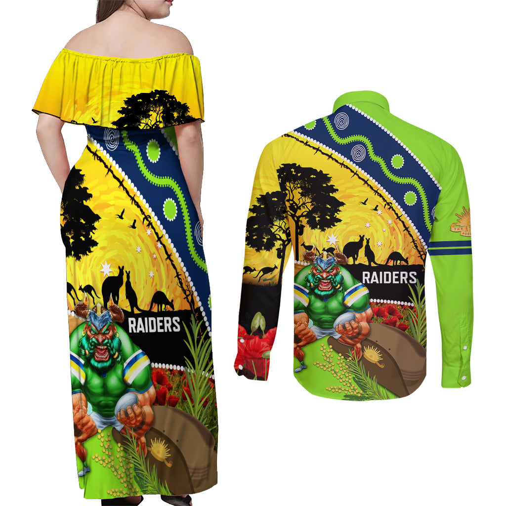 Raiders Rugby ANZAC Day Couples Matching Off Shoulder Maxi Dress and Long Sleeve Button Shirt Green Machine Mascot Rosemary Starry Night