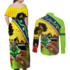 Raiders Rugby ANZAC Day Couples Matching Off Shoulder Maxi Dress and Long Sleeve Button Shirt Green Machine Mascot Rosemary Starry Night