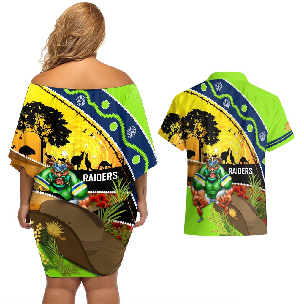 Raiders Rugby ANZAC Day Couples Matching Off Shoulder Short Dress and Hawaiian Shirt Green Machine Mascot Rosemary Starry Night