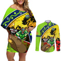 Raiders Rugby ANZAC Day Couples Matching Off Shoulder Short Dress and Long Sleeve Button Shirt Green Machine Mascot Rosemary Starry Night