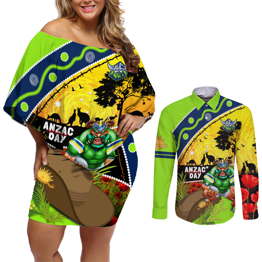 Raiders Rugby ANZAC Day Couples Matching Off Shoulder Short Dress and Long Sleeve Button Shirt Green Machine Mascot Rosemary Starry Night