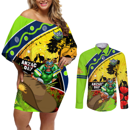 Raiders Rugby ANZAC Day Couples Matching Off Shoulder Short Dress and Long Sleeve Button Shirt Green Machine Mascot Rosemary Starry Night