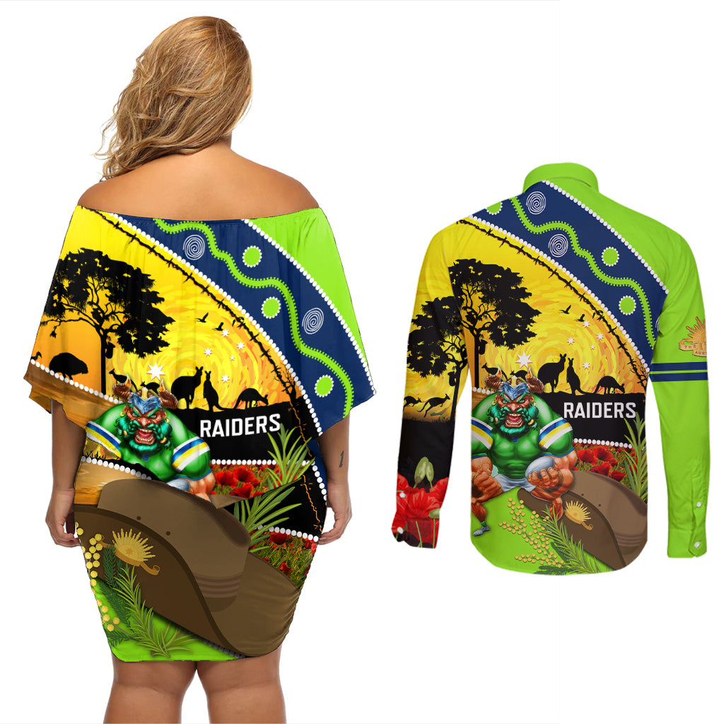 Raiders Rugby ANZAC Day Couples Matching Off Shoulder Short Dress and Long Sleeve Button Shirt Green Machine Mascot Rosemary Starry Night