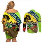 Raiders Rugby ANZAC Day Couples Matching Off Shoulder Short Dress and Long Sleeve Button Shirt Green Machine Mascot Rosemary Starry Night