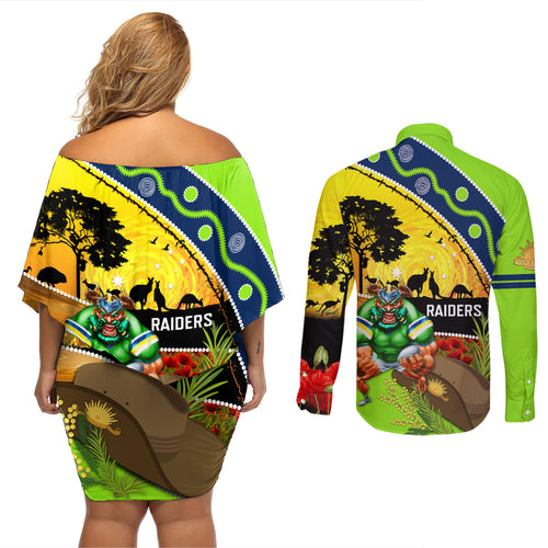 Raiders Rugby ANZAC Day Couples Matching Off Shoulder Short Dress and Long Sleeve Button Shirt Green Machine Mascot Rosemary Starry Night
