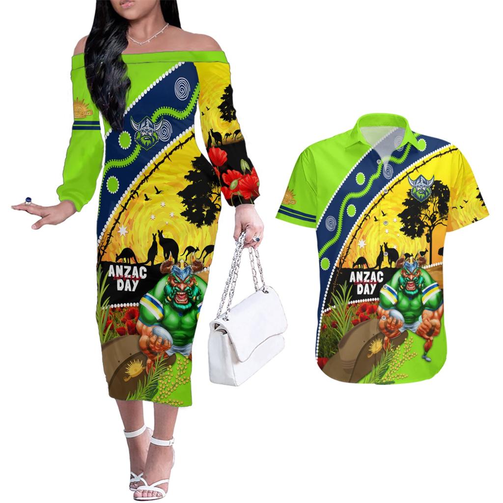 Raiders Rugby ANZAC Day Couples Matching Off The Shoulder Long Sleeve Dress and Hawaiian Shirt Green Machine Mascot Rosemary Starry Night