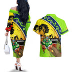 Raiders Rugby ANZAC Day Couples Matching Off The Shoulder Long Sleeve Dress and Hawaiian Shirt Green Machine Mascot Rosemary Starry Night