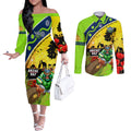 Raiders Rugby ANZAC Day Couples Matching Off The Shoulder Long Sleeve Dress and Long Sleeve Button Shirt Green Machine Mascot Rosemary Starry Night