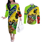 Raiders Rugby ANZAC Day Couples Matching Off The Shoulder Long Sleeve Dress and Long Sleeve Button Shirt Green Machine Mascot Rosemary Starry Night