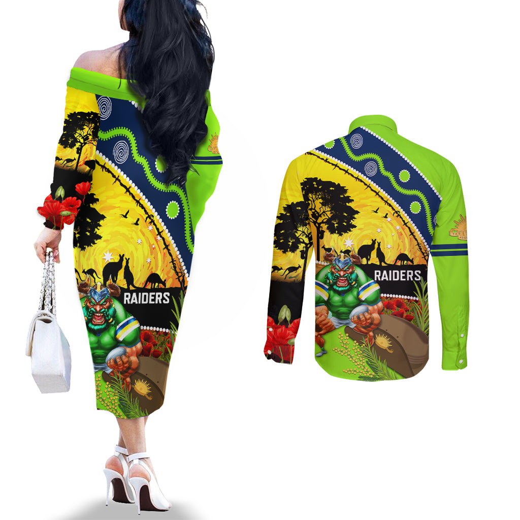 Raiders Rugby ANZAC Day Couples Matching Off The Shoulder Long Sleeve Dress and Long Sleeve Button Shirt Green Machine Mascot Rosemary Starry Night
