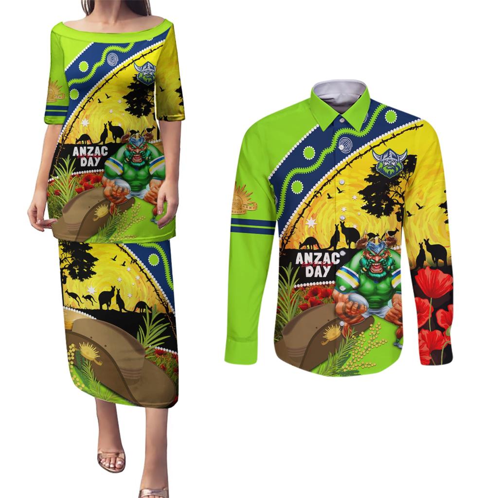Raiders Rugby ANZAC Day Couples Matching Puletasi and Long Sleeve Button Shirt Green Machine Mascot Rosemary Starry Night