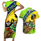 Raiders Rugby ANZAC Day Couples Matching Short Sleeve Bodycon Dress and Hawaiian Shirt Green Machine Mascot Rosemary Starry Night