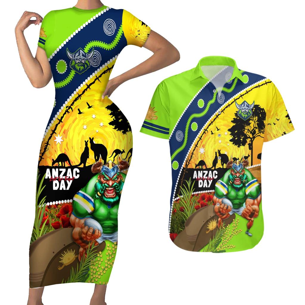 Raiders Rugby ANZAC Day Couples Matching Short Sleeve Bodycon Dress and Hawaiian Shirt Green Machine Mascot Rosemary Starry Night