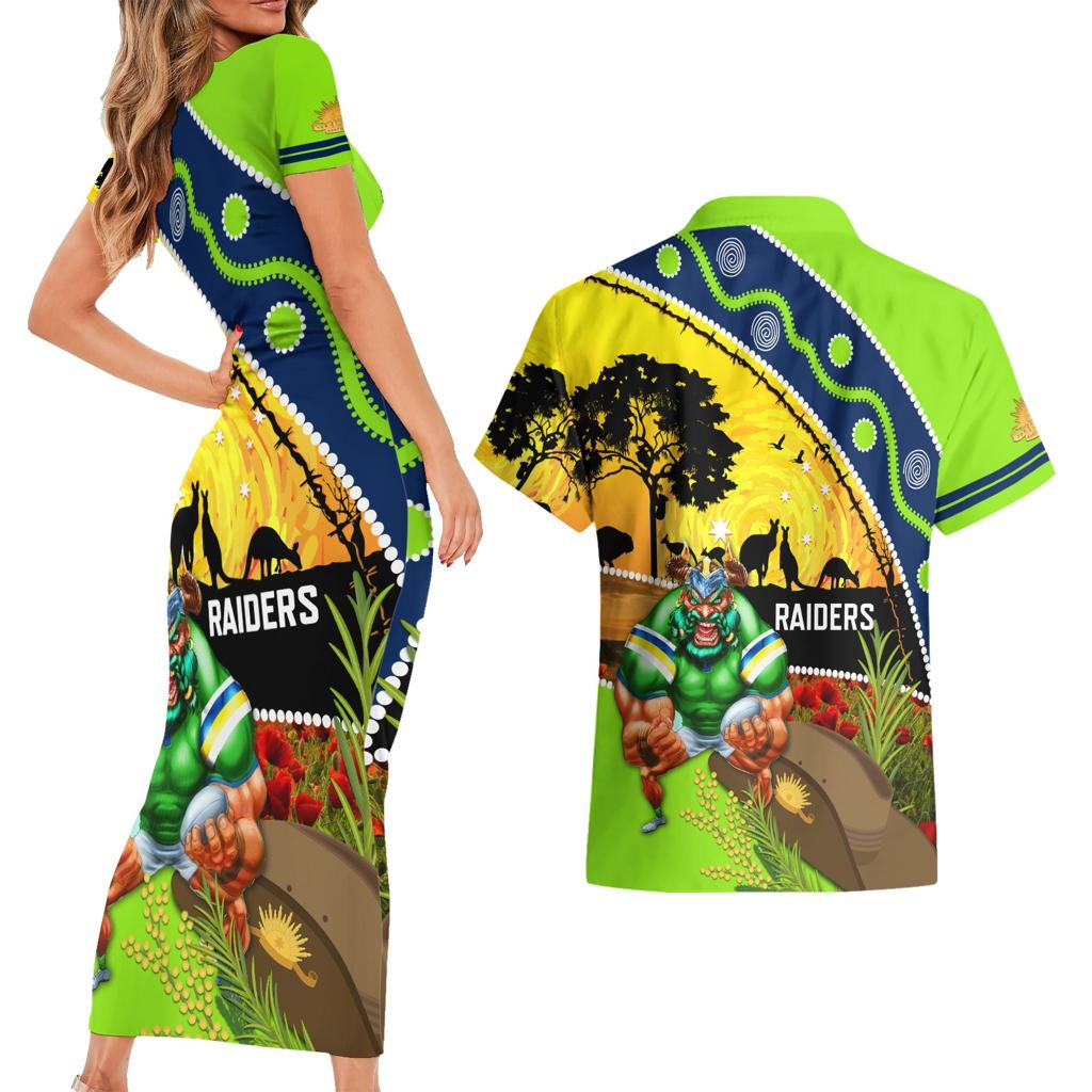 Raiders Rugby ANZAC Day Couples Matching Short Sleeve Bodycon Dress and Hawaiian Shirt Green Machine Mascot Rosemary Starry Night