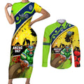 Raiders Rugby ANZAC Day Couples Matching Short Sleeve Bodycon Dress and Long Sleeve Button Shirt Green Machine Mascot Rosemary Starry Night