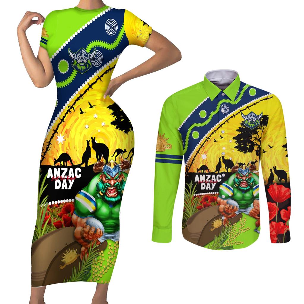Raiders Rugby ANZAC Day Couples Matching Short Sleeve Bodycon Dress and Long Sleeve Button Shirt Green Machine Mascot Rosemary Starry Night