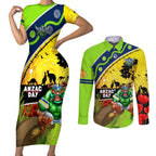 Raiders Rugby ANZAC Day Couples Matching Short Sleeve Bodycon Dress and Long Sleeve Button Shirt Green Machine Mascot Rosemary Starry Night