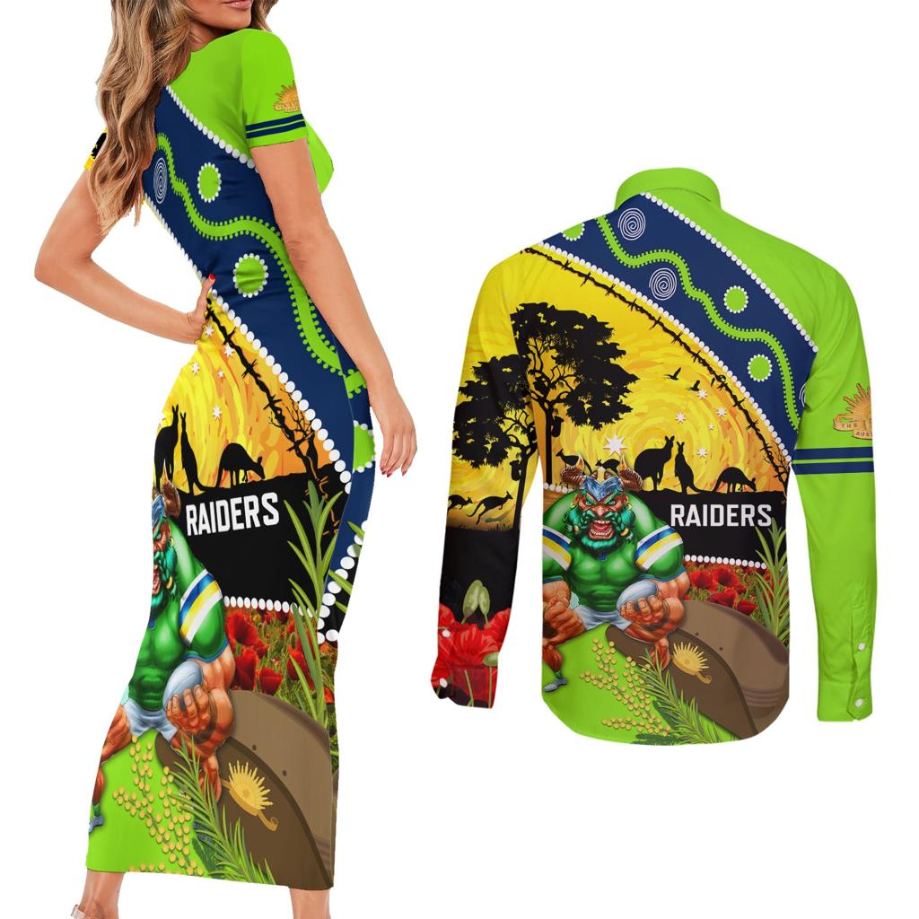 Raiders Rugby ANZAC Day Couples Matching Short Sleeve Bodycon Dress and Long Sleeve Button Shirt Green Machine Mascot Rosemary Starry Night