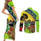 Raiders Rugby ANZAC Day Couples Matching Short Sleeve Bodycon Dress and Long Sleeve Button Shirt Green Machine Mascot Rosemary Starry Night