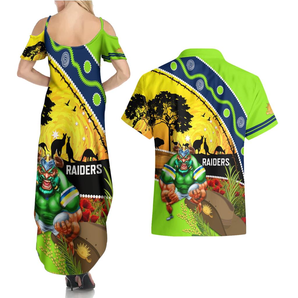 Raiders Rugby ANZAC Day Couples Matching Summer Maxi Dress and Hawaiian Shirt Green Machine Mascot Rosemary Starry Night