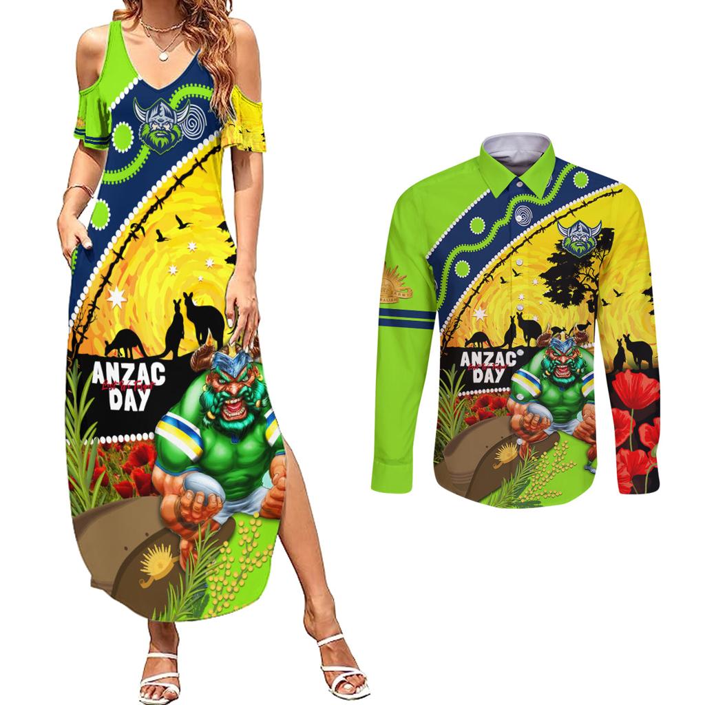 Raiders Rugby ANZAC Day Couples Matching Summer Maxi Dress and Long Sleeve Button Shirt Green Machine Mascot Rosemary Starry Night