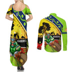 Raiders Rugby ANZAC Day Couples Matching Summer Maxi Dress and Long Sleeve Button Shirt Green Machine Mascot Rosemary Starry Night