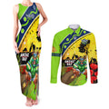Raiders Rugby ANZAC Day Couples Matching Tank Maxi Dress and Long Sleeve Button Shirt Green Machine Mascot Rosemary Starry Night